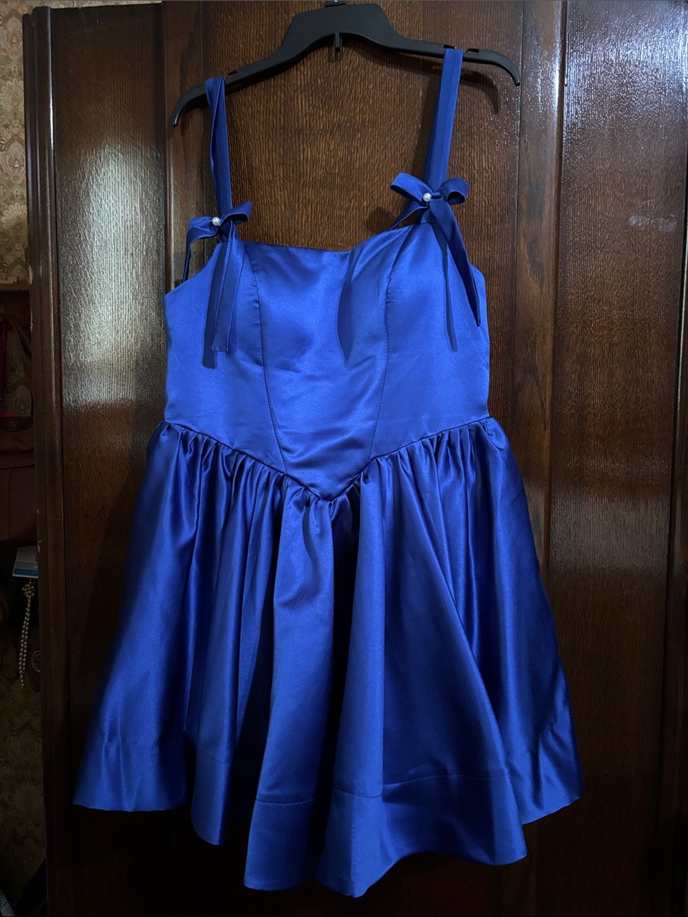 Royal Blue Satin Party Dress with Bow Straps and tie up back
